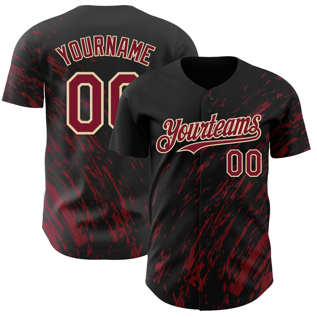 Custom Black Crimson-Cream 3D Pattern Design Paint Stroke Grunge Streak Authentic Baseball Jersey