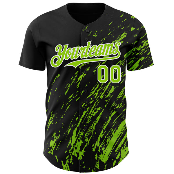 Custom Black Neon Green-White 3D Pattern Design Paint Stroke Grunge Streak Authentic Baseball Jersey