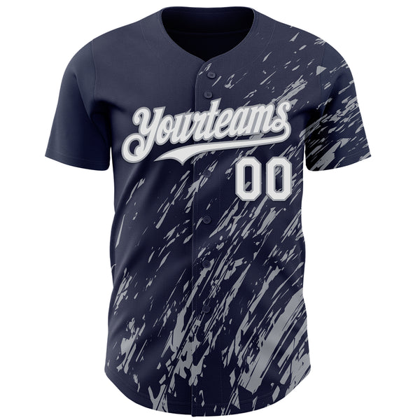 Custom Navy White-Gray 3D Pattern Design Paint Stroke Grunge Streak Authentic Baseball Jersey