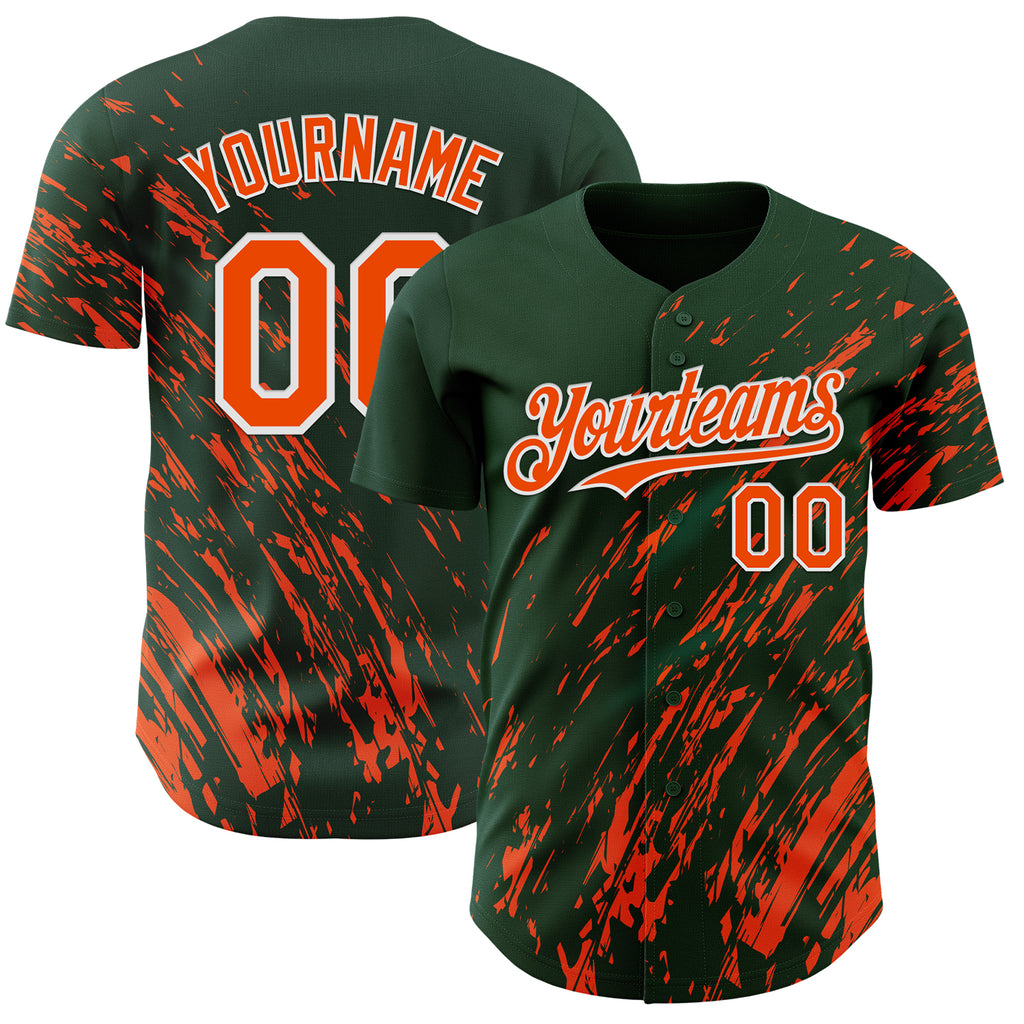 Custom Green Orange-White 3D Pattern Design Paint Stroke Grunge Streak Authentic Baseball Jersey