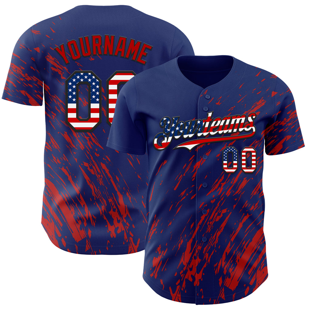 Custom Royal USA Flag Red-Black 3D Pattern Design Paint Stroke Grunge Streak Authentic Baseball Jersey