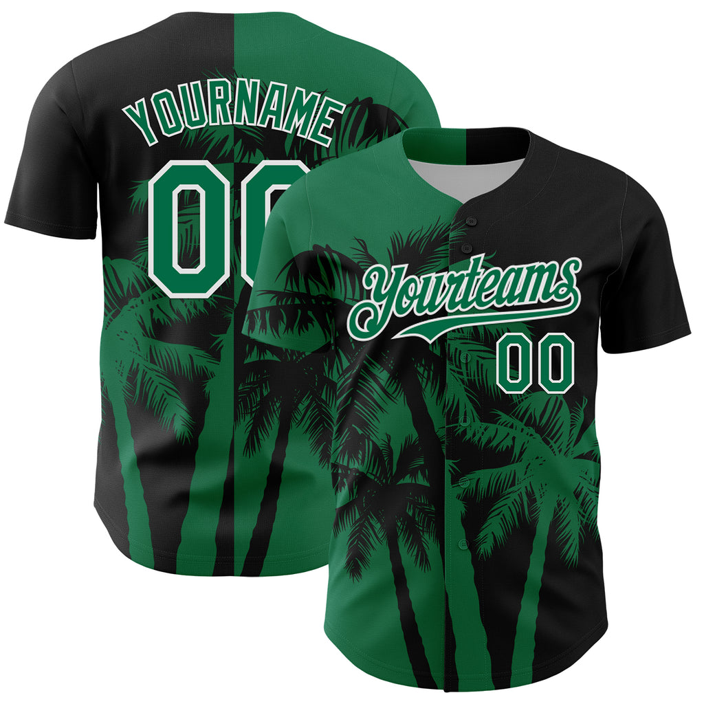Custom Black Kelly Green-White 3D Pattern Design Hawaii Palm Trees Tropical Coconut Authentic Baseball Jersey