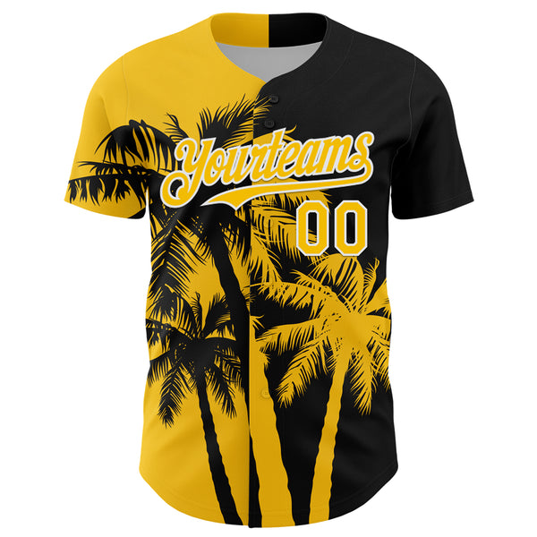 Custom Black Yellow-White 3D Pattern Design Hawaii Palm Trees Tropical Coconut Authentic Baseball Jersey