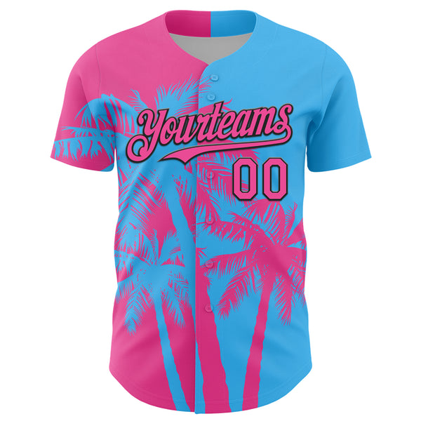 Custom Sky Blue Pink-Black 3D Pattern Design Hawaii Palm Trees Tropical Coconut Authentic Baseball Jersey