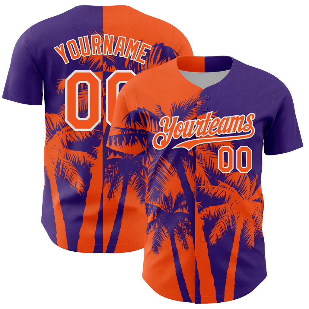 Custom Purple Orange-White 3D Pattern Design Hawaii Palm Trees Tropical Coconut Authentic Baseball Jersey