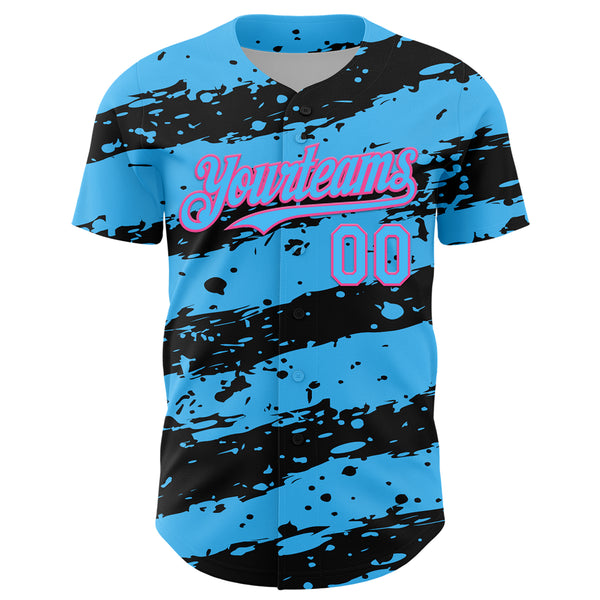 Custom Sky Blue Black-Pink 3D Pattern Design Paint Splash Stripe Authentic Baseball Jersey