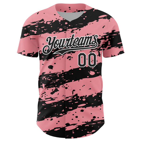 Custom Medium Pink Black-White 3D Pattern Design Paint Splash Stripe Authentic Baseball Jersey