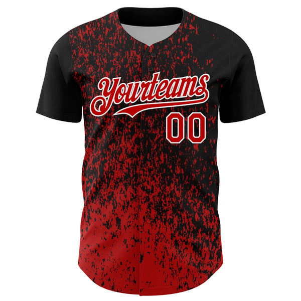 Custom Black Red-White 3D Pattern Design Abstract Fragment Splatter Authentic Baseball Jersey