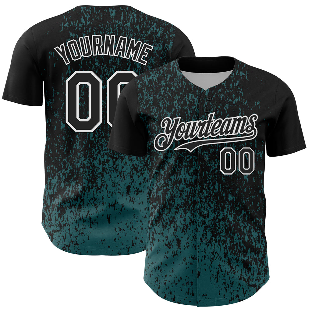 Custom Black Midnight Green-White 3D Pattern Design Abstract Fragment Splatter Authentic Baseball Jersey