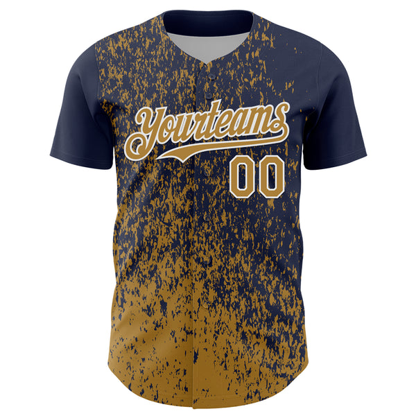 Custom Navy Old Gold-White 3D Pattern Design Abstract Fragment Splatter Authentic Baseball Jersey