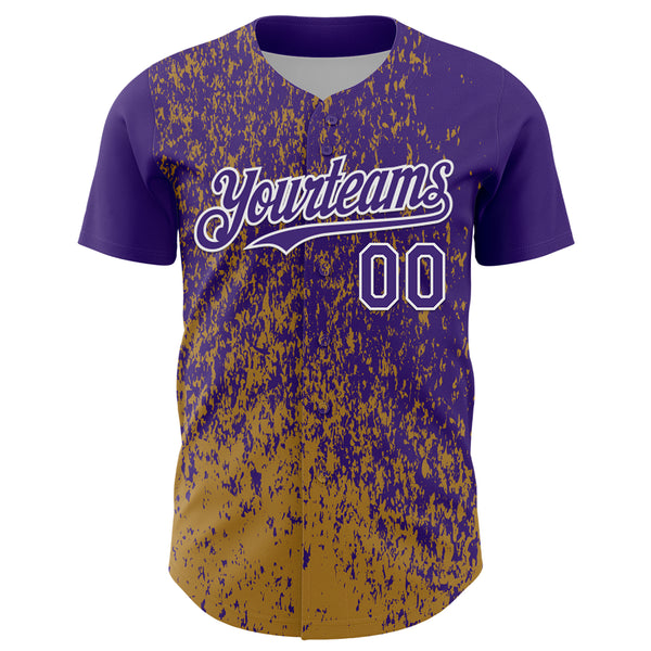 Custom Purple Old Gold-White 3D Pattern Design Abstract Fragment Splatter Authentic Baseball Jersey