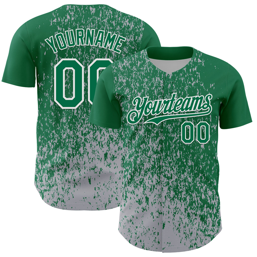 Custom Kelly Green Gray-White 3D Pattern Design Abstract Fragment Splatter Authentic Baseball Jersey