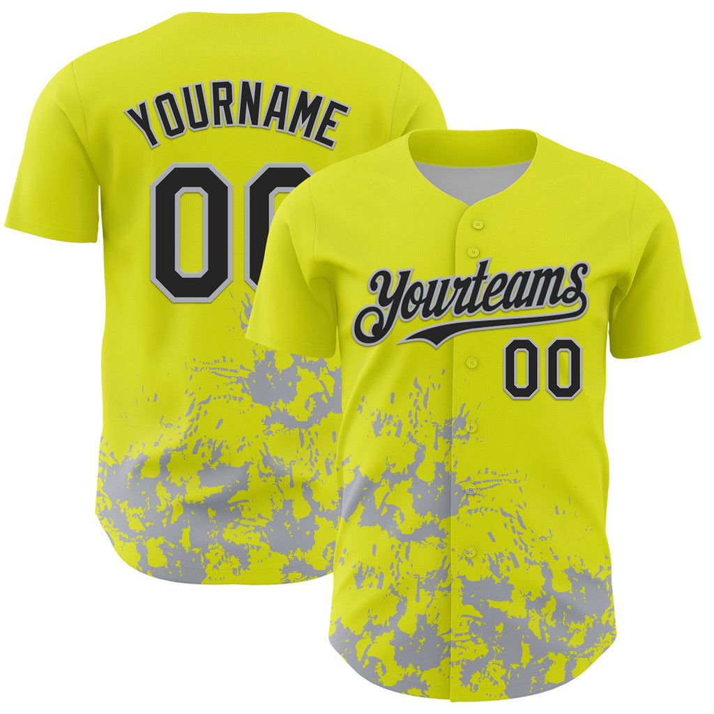 Custom Neon Yellow Black-Gray Splatter Authentic Baseball Jersey