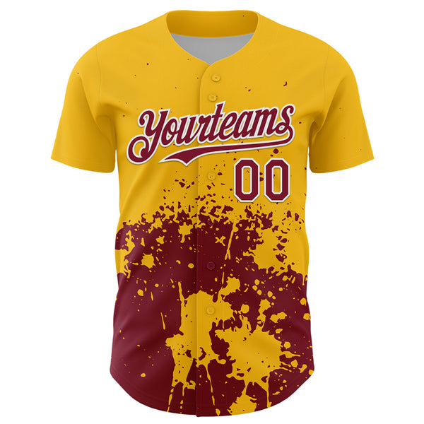 Custom Gold Crimson-White Abstract Splatter Grunge Authentic Baseball Jersey