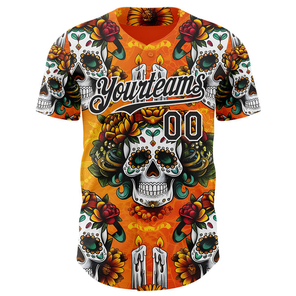 Custom Orange Black-White Sugar Skull Day of the Dead Mexican Folk Art Authentic Baseball Jersey