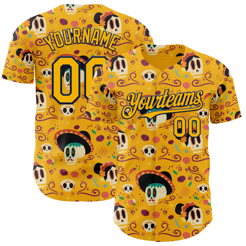 Custom Gold Navy Sugar Skull Day of the Dead Mexican Folk Art Authentic Baseball Jersey