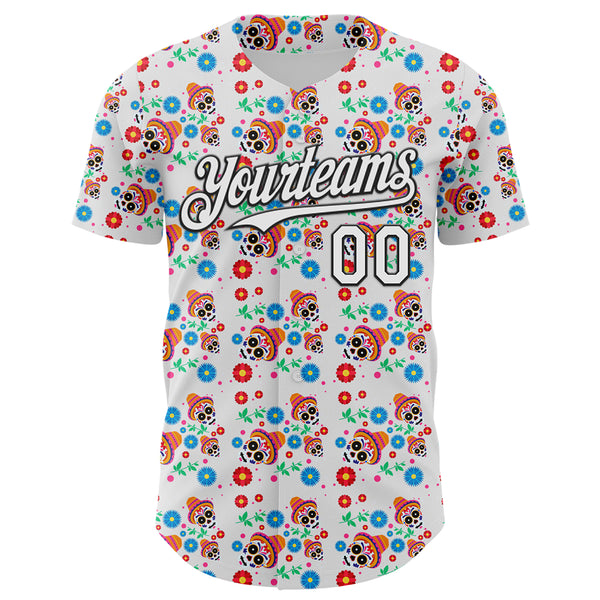 Custom White Black Sugar Skull Day of the Dead Mexican Folk Art Authentic Baseball Jersey