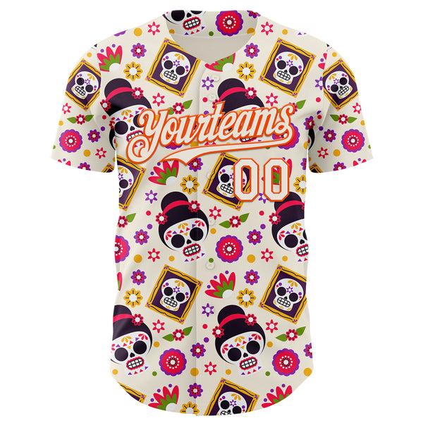 Custom Cream Orange Sugar Skull Day of the Dead Mexican Folk Art Authentic Baseball Jersey