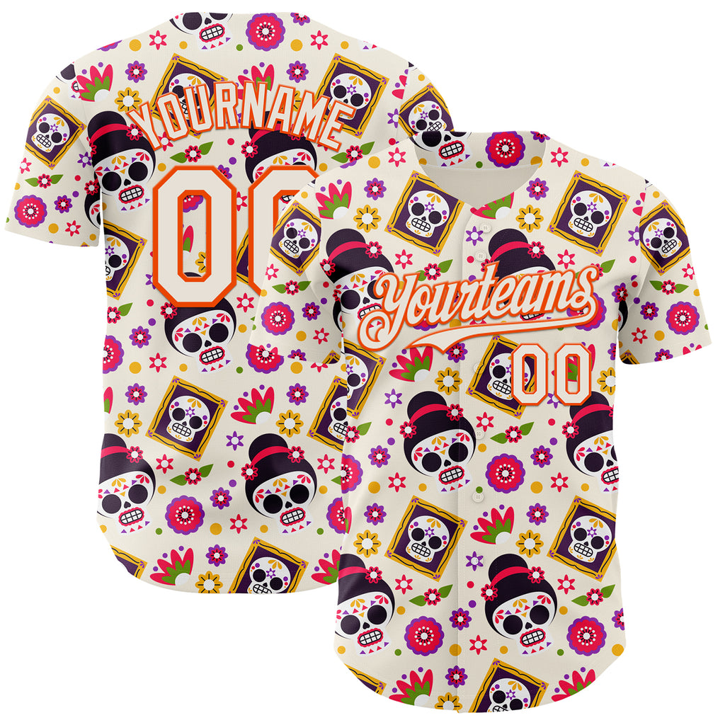 Custom Cream Orange Sugar Skull Day of the Dead Mexican Folk Art Authentic Baseball Jersey