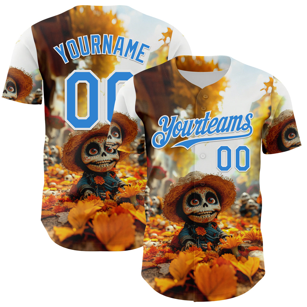 Custom White Electric Blue Sugar Skull Day of the Dead Mexican Folk Art Authentic Baseball Jersey