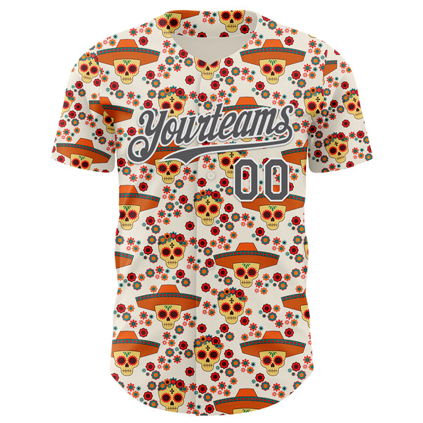 Custom Cream Steel Gray-White Sugar Skull Day of the Dead Mexican Folk Art Authentic Baseball Jersey