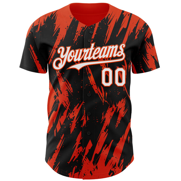 Custom Black White-Orange 3D Pattern Design Splatter Torn Sharp Brush Stroke Authentic Baseball Jersey