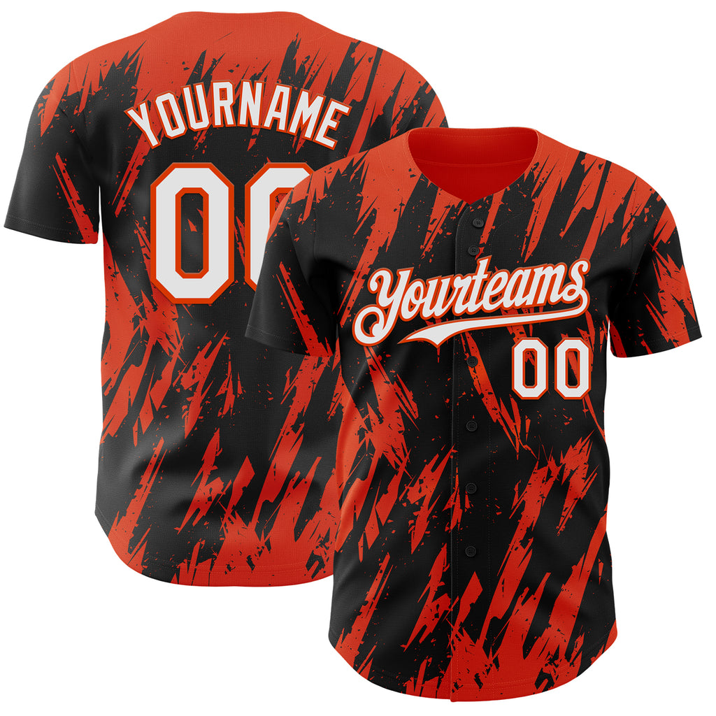 Custom Black White-Orange 3D Pattern Design Splatter Torn Sharp Brush Stroke Authentic Baseball Jersey
