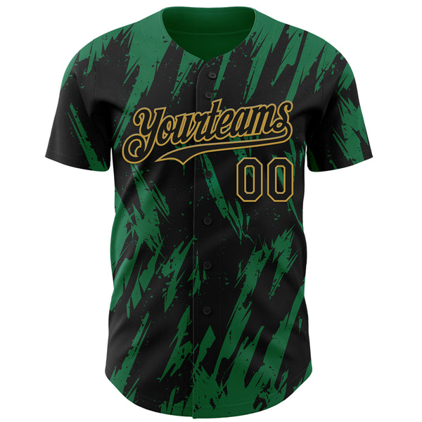 Custom Black Old Gold-Kelly Green 3D Pattern Design Splatter Torn Sharp Brush Stroke Authentic Baseball Jersey