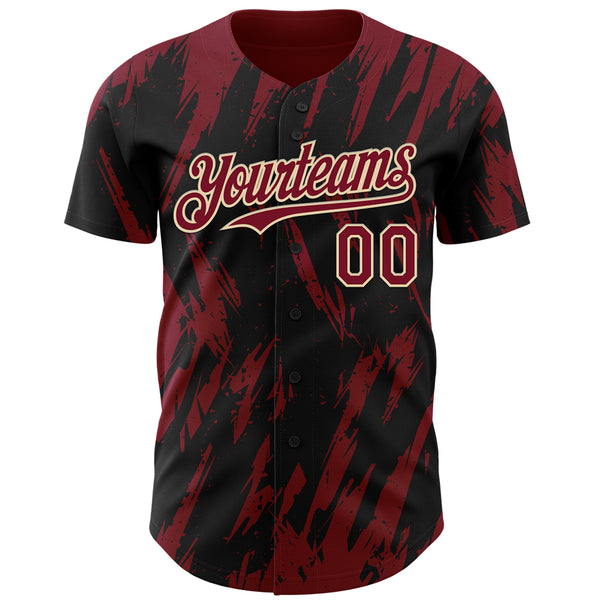 Custom Black Crimson-Cream 3D Pattern Design Splatter Torn Sharp Brush Stroke Authentic Baseball Jersey