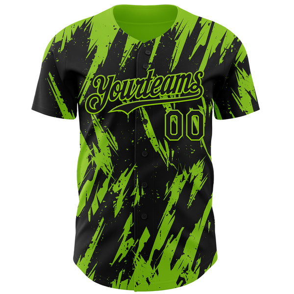 Custom Black Neon Green 3D Pattern Design Splatter Torn Sharp Brush Stroke Authentic Baseball Jersey