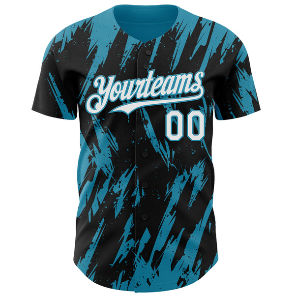 Custom Black White-Panther Blue 3D Pattern Design Splatter Torn Sharp Brush Stroke Authentic Baseball Jersey
