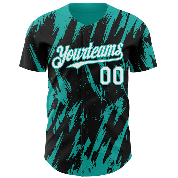 Custom Black White-Aqua 3D Pattern Design Splatter Torn Sharp Brush Stroke Authentic Baseball Jersey