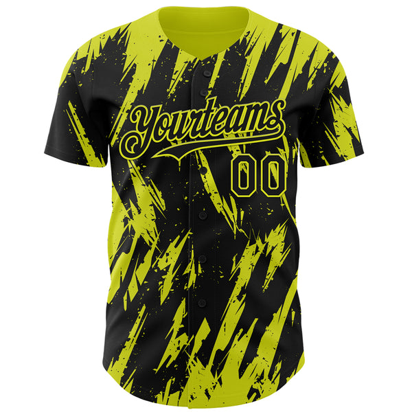 Custom Black Neon Yellow 3D Pattern Design Splatter Torn Sharp Brush Stroke Authentic Baseball Jersey
