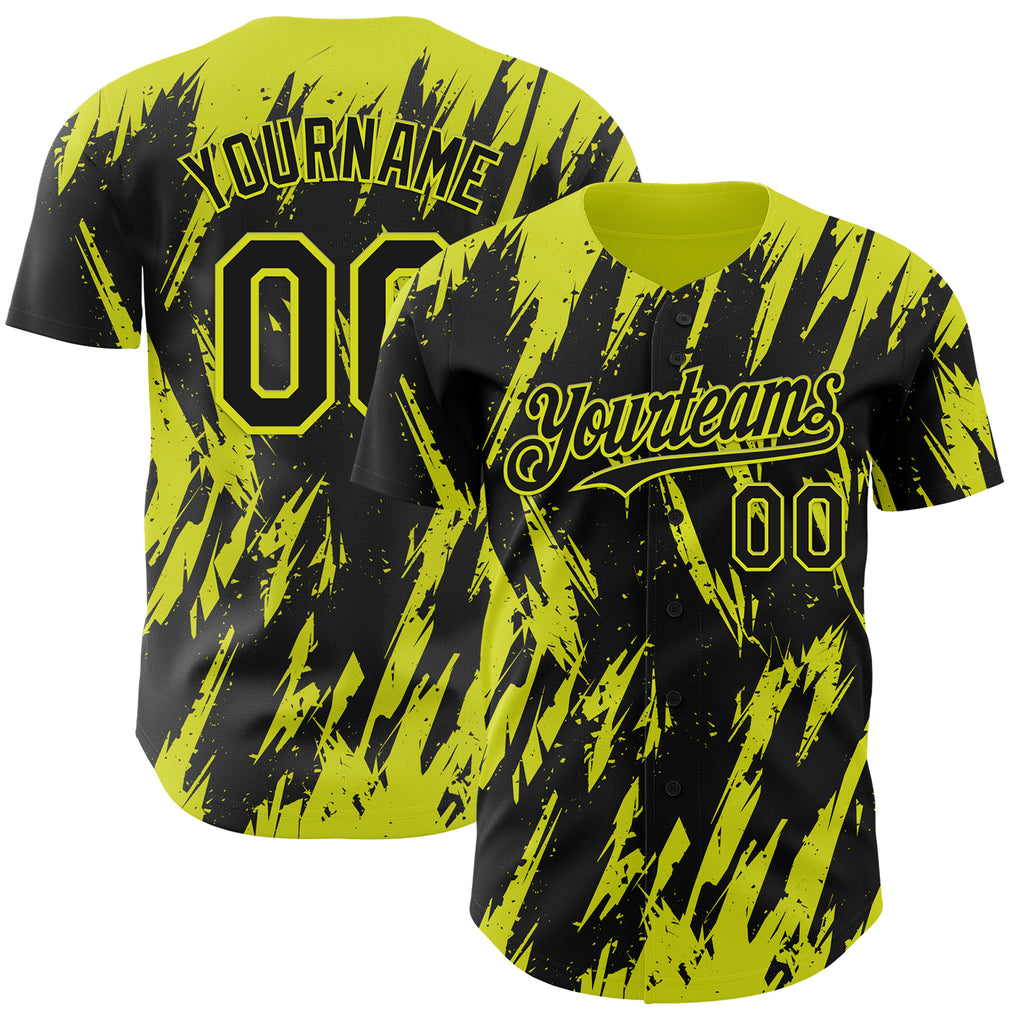 Custom Black Neon Yellow 3D Pattern Design Splatter Torn Sharp Brush Stroke Authentic Baseball Jersey