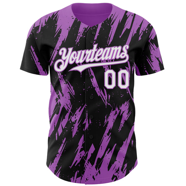 Custom Black White-Medium Purple 3D Pattern Design Splatter Torn Sharp Brush Stroke Authentic Baseball Jersey