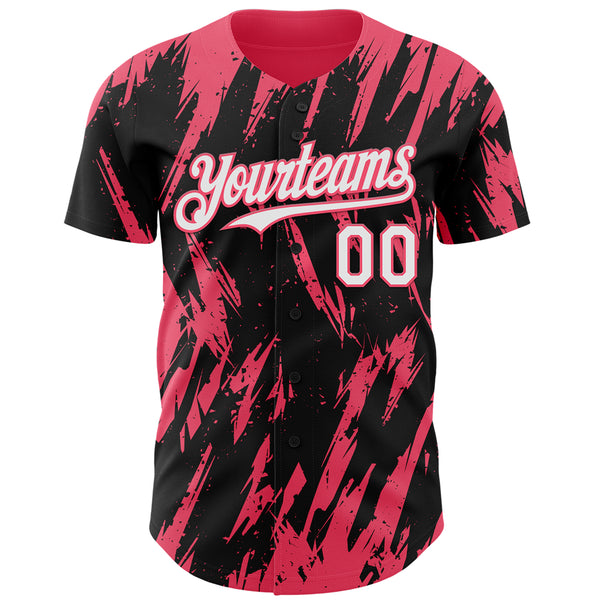 Custom Black White-Neon Pink 3D Pattern Design Splatter Torn Sharp Brush Stroke Authentic Baseball Jersey