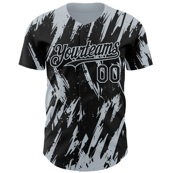 Custom Black Silver 3D Pattern Design Splatter Torn Sharp Brush Stroke Authentic Baseball Jersey