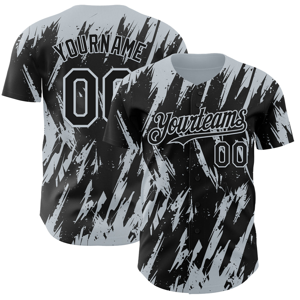 Custom Black Silver 3D Pattern Design Splatter Torn Sharp Brush Stroke Authentic Baseball Jersey