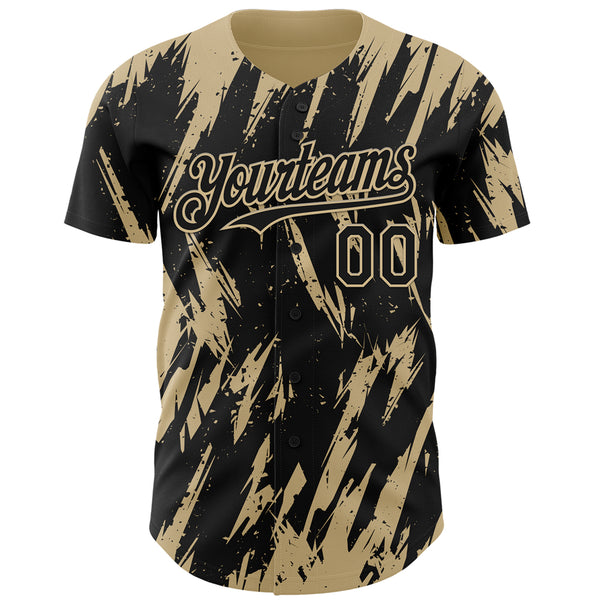 Custom Black Vegas Gold 3D Pattern Design Splatter Torn Sharp Brush Stroke Authentic Baseball Jersey