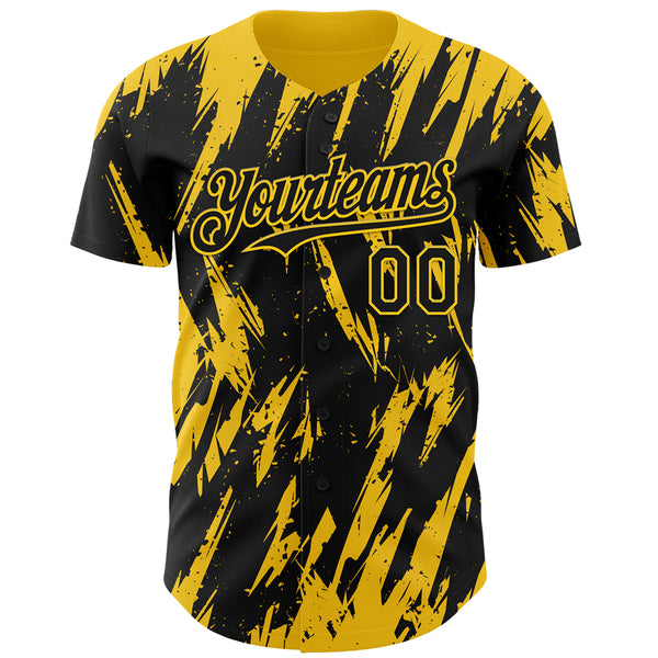 Custom Black Yellow 3D Pattern Design Splatter Torn Sharp Brush Stroke Authentic Baseball Jersey