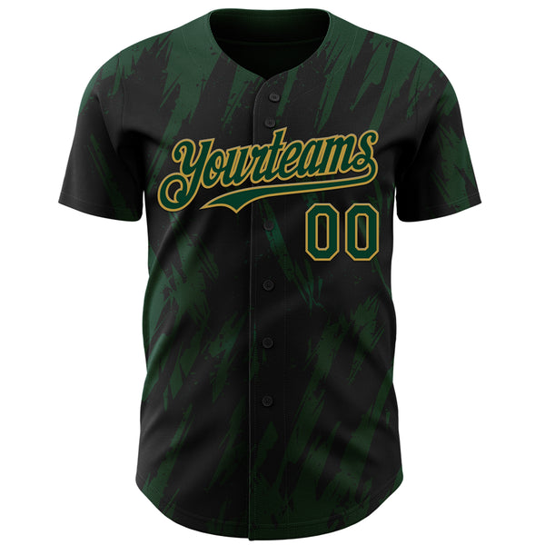 Custom Black Green-Old Gold 3D Pattern Design Splatter Torn Sharp Brush Stroke Authentic Baseball Jersey