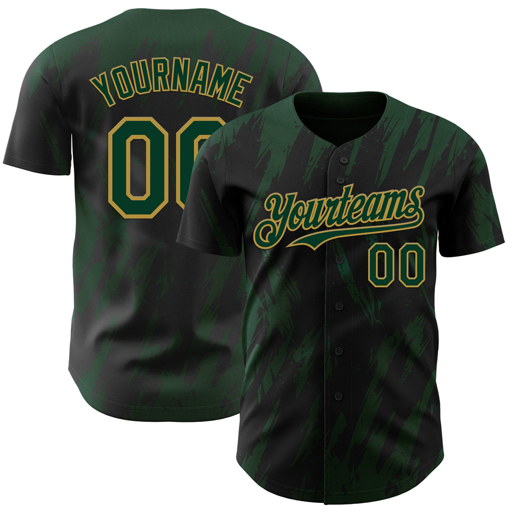Custom Black Green-Old Gold 3D Pattern Design Splatter Torn Sharp Brush Stroke Authentic Baseball Jersey