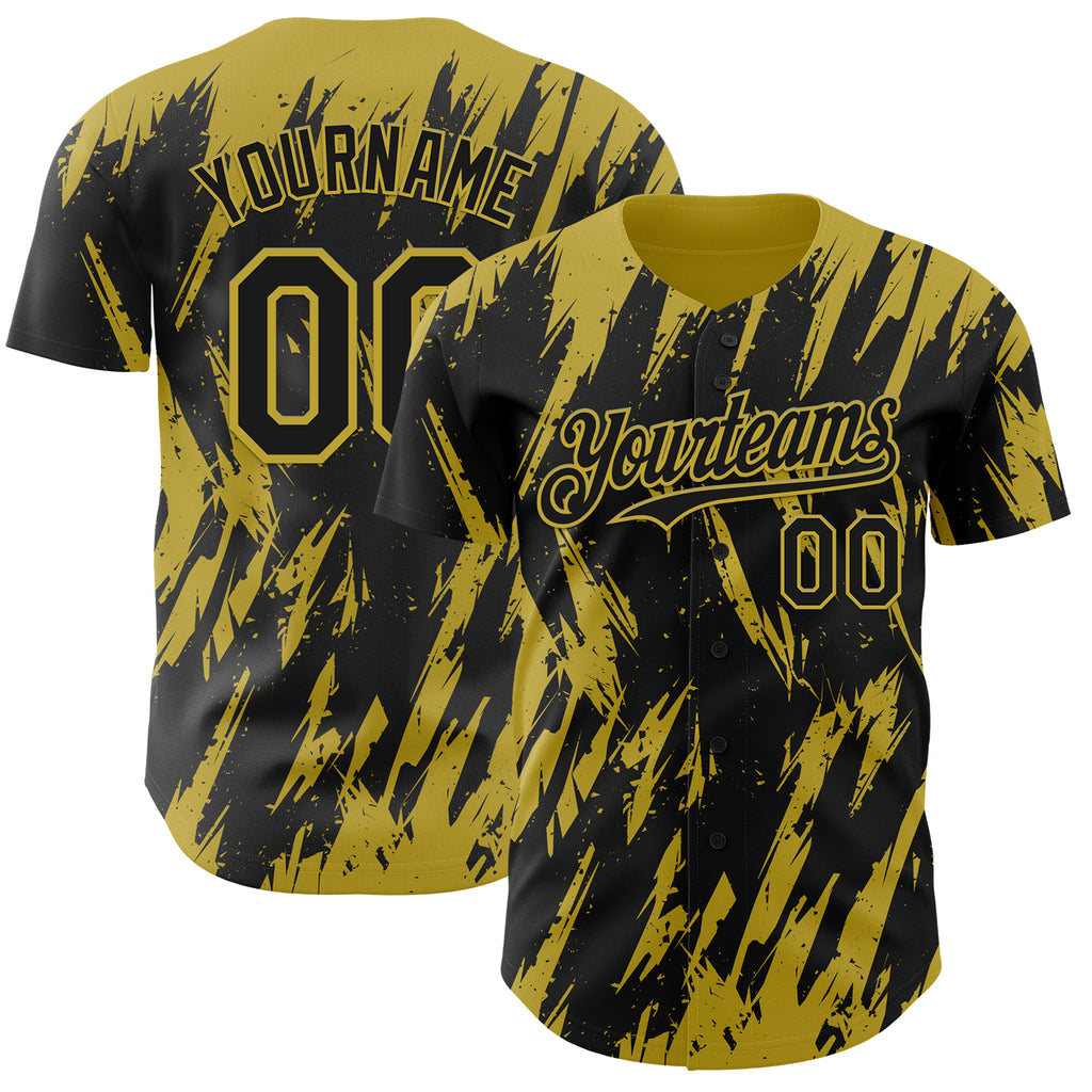 Custom Black Old Gold 3D Pattern Design Splatter Torn Sharp Brush Stroke Authentic Baseball Jersey