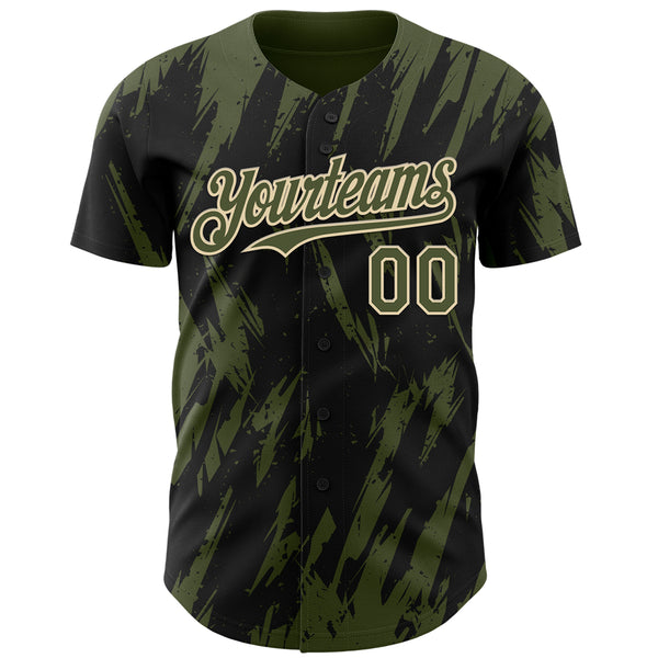 Custom Black Olive-Cream 3D Pattern Design Splatter Torn Sharp Brush Stroke Authentic Baseball Jersey
