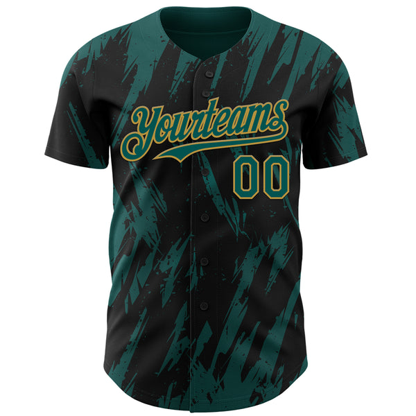 Custom Black Midnight Green-Old Gold 3D Pattern Design Splatter Torn Sharp Brush Stroke Authentic Baseball Jersey