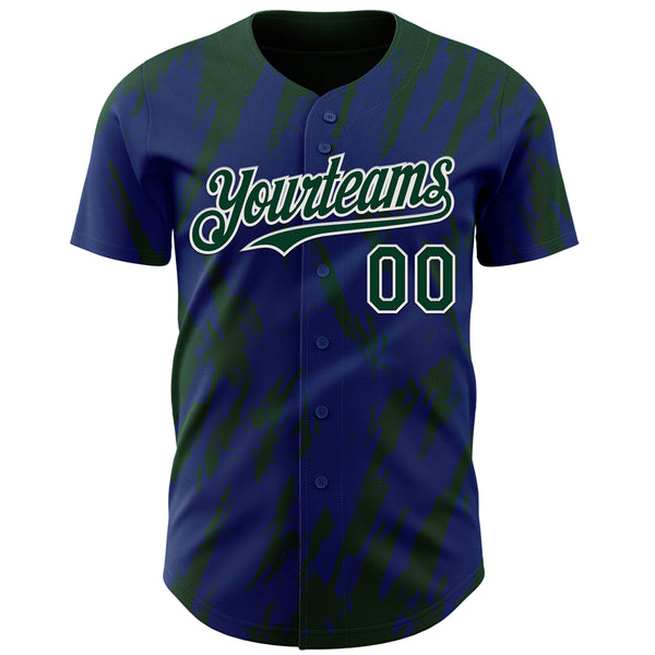 Custom Royal Green-White 3D Pattern Design Splatter Torn Sharp Brush Stroke Authentic Baseball Jersey