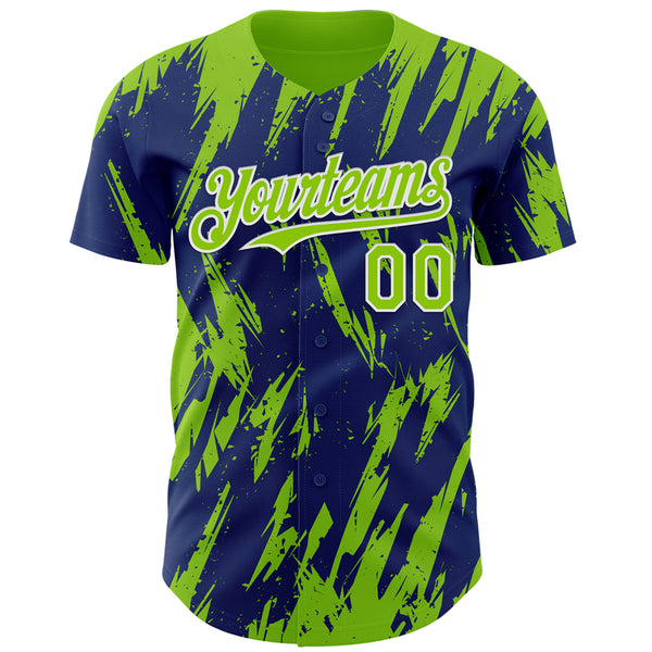 Custom Royal Neon Green-White 3D Pattern Design Splatter Torn Sharp Brush Stroke Authentic Baseball Jersey