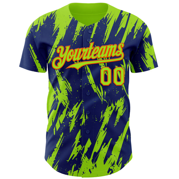 Custom Royal Neon Green-Orange 3D Pattern Design Splatter Torn Sharp Brush Stroke Authentic Baseball Jersey