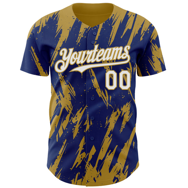 Custom Royal White-Old Gold 3D Pattern Design Splatter Torn Sharp Brush Stroke Authentic Baseball Jersey