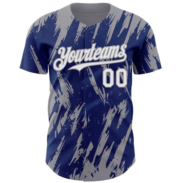 Custom Royal White-Gray 3D Pattern Design Splatter Torn Sharp Brush Stroke Authentic Baseball Jersey